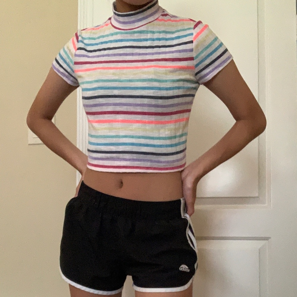 Rainbow Striped Turtleneck Crop Top